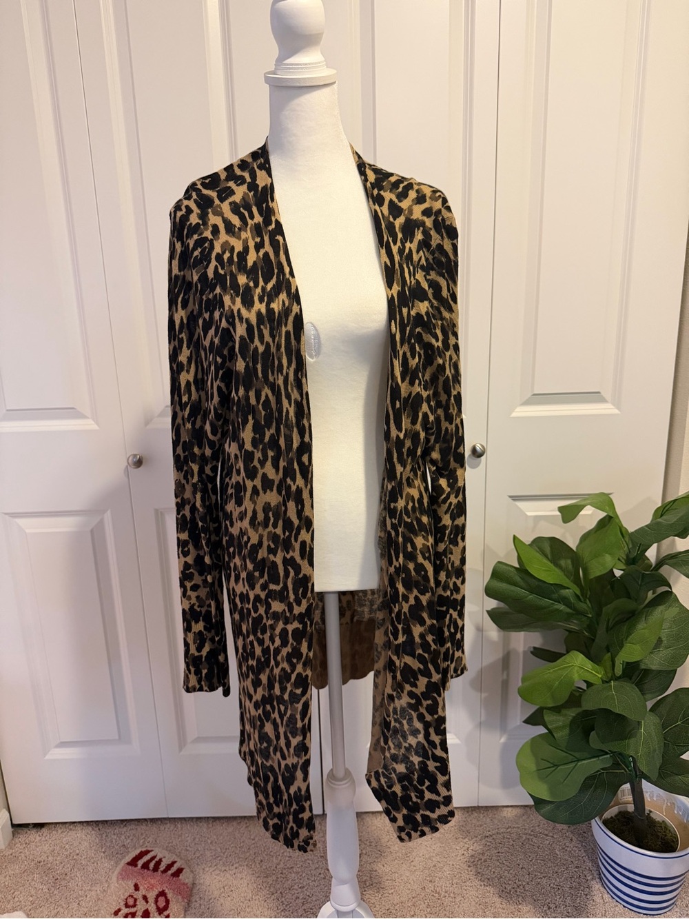 Leopard Print Open Front Cardigan - Tan & Black lightweight